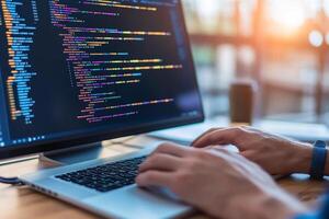A person typing on a computer with code on the screen photo