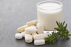 A glass of milk and pills on a table photo