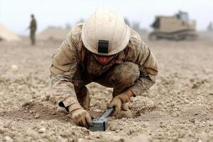 A soldier is digging in the dirt with a metal object photo