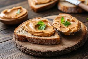 Peanut butter spread on bread photo
