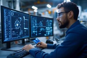 A man in a blue shirt is working on two computer screens photo