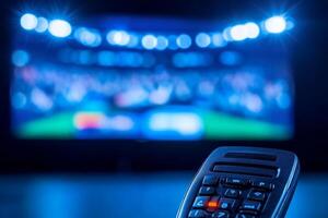 A remote control is shown in front of a television screen photo