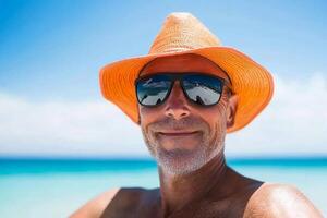 A man in a hat and sunglasses on the beach photo