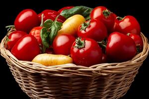 A basket filled with tomatoes and other vegetables photo