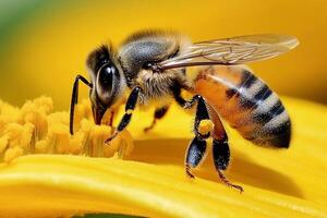 A bee is on a yellow flower with its wings open photo