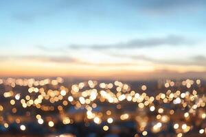 A blurry image of a city at sunset photo