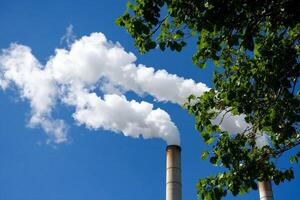 A picture of two smoke stacks with trees in the background photo