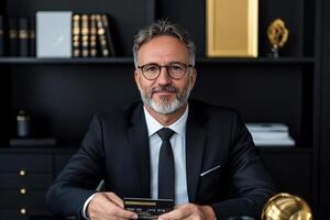 A man in a suit and glasses sitting at a desk with a credit card photo