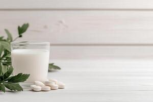 A glass of milk and pills on a wooden table photo