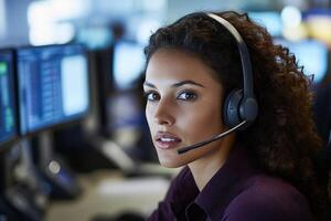 A woman wearing a headset in front of multiple computer monitors photo