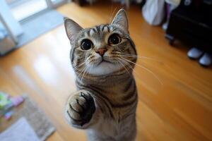 A cat is standing on its hind legs and reaching up to the camera photo