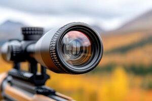 A rifle scope is on a mountain with a view of the fall foliage photo