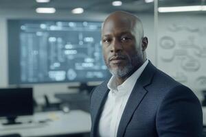 An african american man in a suit standing in front of a computer screen photo