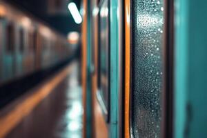 A train is seen through the window of a subway station photo