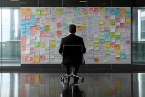 A man sitting in front of a wall covered in post it notes photo