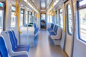 A train car with blue seats and yellow lights photo