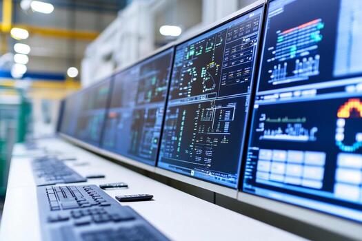 A large number of computer screens in a factory photo