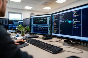A man is working on two computer screens photo