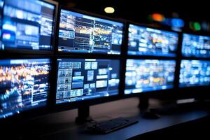 A group of monitors with multiple screens on them photo
