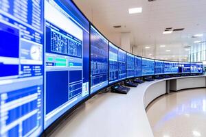 A large room with multiple screens and monitors photo