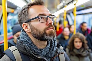 A man with glasses and beard on a bus photo