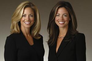 Two women in business suits posing for a photo