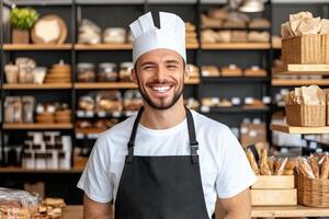 A smiling man in an apron standing in front of a bakery photo