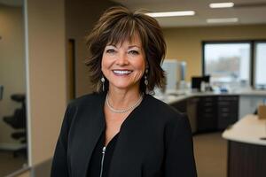 A woman in a business suit smiling in an office photo