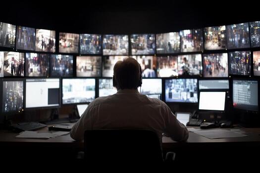 A man sitting at a desk with multiple screens showing different images photo