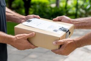 Two men are holding a box with a label on it photo