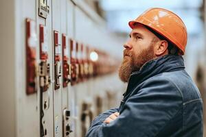 A man with a beard and hard hat standing in front of a control panel photo