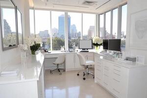 A white office with a desk and computer photo