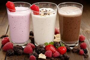 Three different types of smoothies on a wooden table photo
