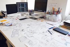A desk with lots of paper and pens on it photo