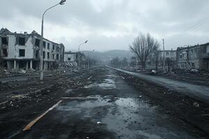 A street that is empty and has a lot of debris photo