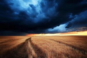 A dark stormy sky over a field of wheat photo