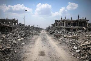 A destroyed street in the city of aleppo, syria, on june 30, 2016 photo
