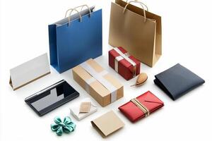 Various gift boxes and bags on a white background photo