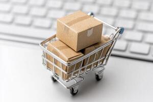 A small shopping cart with boxes on top of it photo