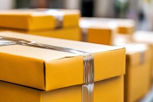 A close up of a stack of yellow boxes photo