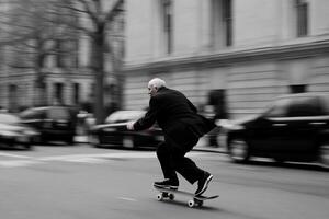 A man in a suit riding a skateboard down a street photo