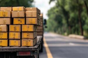 A truck is carrying boxes on the back of it photo