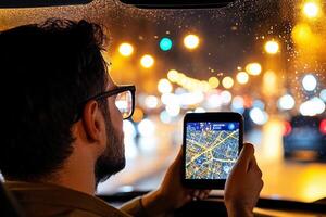A man is using a smartphone while driving photo