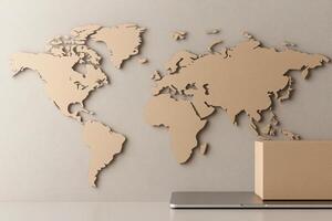 World map on a laptop with a cardboard box on the table photo