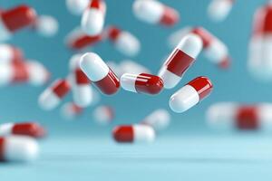 Many red and white pills are falling from the air photo