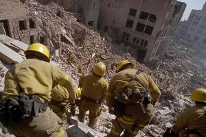 Firefighters walk through rubble in the aftermath of the los angeles earthquake photo