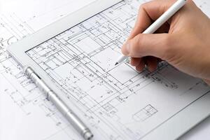 A person's hand is holding a pen and drawing on a tablet computer photo