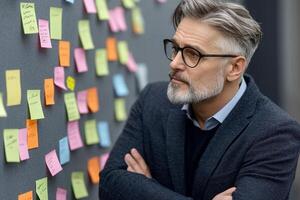 A man with glasses and a beard standing in front of a wall with post it notes on it photo
