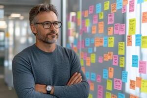 Man standing in front of sticky notes on wall photo
