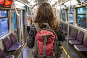 A woman with a backpack on a subway train photo